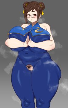 1girl belly blue_bodysuit blush bodysuit breast_press breasts brown_eyes capcom censored chun-li chun-li_(cosplay) clothing_cutout cosplay covered_navel crotch_cutout double_bun earrings female_pubic_hair glasses grey_background hair_bun hair_ribbon huge_breasts hwanh jewelry lips mei_(overwatch) overwatch palm-fist_greeting pearl_earrings plump pubic_hair pussy pussy_cutout ribbon semi-rimless_eyewear sleeveless sleeveless_bodysuit smile solo sphere_earrings standing steaming_body street_fighter sweat thick_thighs thighs tight_clothes under-rim_eyewear wide_hips yellow_ribbon