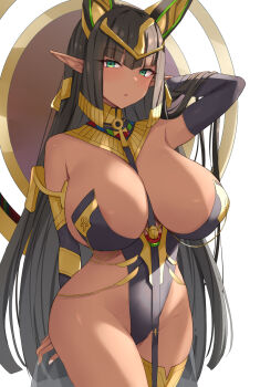 1girl ancient_egyptian_clothes animal_ears ankh arm_behind_head between_breasts black_hair black_leotard blunt_bangs breasts cowboy_shot curvy dark-skinned_female dark_skin detached_sleeves elf gold green_eyes hair_lift highres huge_breasts jackal_ears jewelry last_origin leotard long_hair looking_at_viewer neck_ring parted_lips pointy_ears revealing_clothes scarab sekhmet_of_death sixteenpo solo strap_between_breasts thighlet very_long_hair