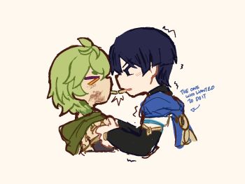 &gt;_&lt; 1boy 1girl 3fish7 black_bridal_gauntlets black_eyes black_hair black_sleeves blue_cape blue_sleeves blunt_ends bridal_gauntlets cape closed_mouth collei_(genshin_impact) cropped_torso dirty dirty_face empty_eyes english_text facing_another food food_in_mouth from_side genshin_impact gold_ring green_hair green_hood hand_on_another&#039;s_arm hetero hood hood_down layered_sleeves light_blush looking_at_another middle_ring pocky pocky_day pocky_in_mouth pocky_kiss profile scaramouche_(genshin_impact) shared_food short_hair short_sleeves trembling wanderer_(genshin_impact) white_background white_sleeves