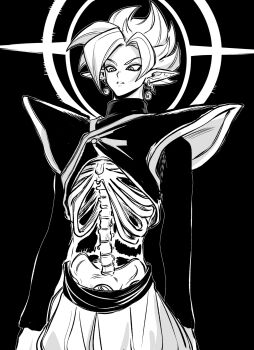 1boy bodysuit bone dragon_ball dragon_ball_super earrings fused_zamasu gimdol_z greyscale halo highres jewelry long_sleeves looking_down monochrome parted_lips pointy_ears potara_earrings ribs sash skeleton solo spiked_hair surreal