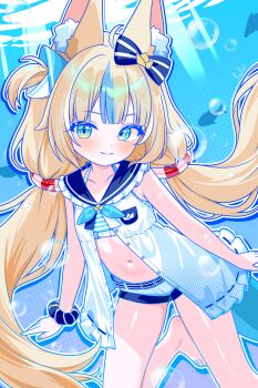 1girl absurdres ahoge animal_ear_fluff animal_ears bikini bikini_under_clothes blonde_hair blue_bikini blue_bow blue_eyes blue_hair blue_sailor_collar blue_scrunchie blunt_bangs bow cat_ears dress fang finn_flint fins fish_girl fish_tail frilled_sailor_collar frills hair_bow highres indie_virtual_youtuber lifebuoy_hair_ornament long_hair looking_at_viewer low_twintails multicolored_hair navel one_side_up open_clothes open_dress sailor_collar sailor_dress sameko_saba scrunchie short_shorts shorts sidelocks sleeveless sleeveless_dress smile solo streaked_hair striped_bikini striped_clothes swimsuit tail twintails very_long_hair virtual_youtuber white_dress white_shorts