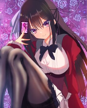 &gt;:) 1girl 2024 absurdres black_bow black_bowtie black_hair black_pantyhose blush bow bowtie breasts card closed_mouth commentary_request corset dated_commentary eyelashes eyes_visible_through_hair feet_out_of_frame floral_background flower frilled_corset frilled_skirt frilled_sleeves frills hair_between_eyes hair_ribbon half_updo hand_up haruoto_alice_gram highres holding holding_card jacket juliet_sleeves knees_up large_breasts lips long_hair long_sleeves looking_at_viewer miniskirt open_clothes open_jacket pantyhose pleated_skirt puffy_sleeves purple_background red_corset red_eyes red_jacket ribbon rindou_yaya rose sakuratoru shirt sidelocks simple_background sitting skirt smile solo split_mouth straight_hair tarot tarot_card thighband_pantyhose thighs v-shaped_eyebrows very_long_hair white_ribbon white_shirt white_skirt