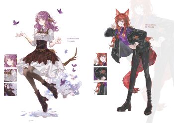 2girls absurdres animal animal_ears black_boots black_corset black_jacket black_pants black_thighhighs blue_eyes boots breasts bug butterfly choppy_bangs commentary commission corset dress english_commentary fox_ears fox_girl fox_tail high_heel_boots high_heels highres insect jacket long_hair looking_at_viewer multiple_girls open_clothes open_jacket open_mouth original pants purple_hair pyyuu red_hair small_breasts smile tail thighhighs vgen_commission white_background white_dress