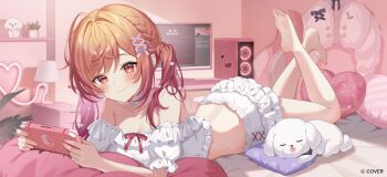 1girl ahoge barefoot braid choker closed_mouth commentary_request copyright_name cropped_shirt dog feet frilled_shirt frills gradient_hair handheld_game_console heart heart-shaped_pillow highres holding holding_handheld_game_console hololive hololive_dev_is ichijou_ririka indoors jacket long_hair looking_at_viewer lying miniskirt monitor multicolored_hair off-shoulder_shirt off_shoulder official_art on_bed on_stomach orange_eyes orange_hair pillow pink_hair puffy_short_sleeves puffy_sleeves satoupote shirt short_sleeves side_braid skirt smile soles solo swept_bangs the_pose toes uni_(ichijou_ririka) unworn_jacket virtual_youtuber white_choker white_shirt white_skirt