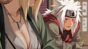 1boy 1girl black_eyes blonde_hair blurry blurry_background blush blush_stickers breasts cleavage commentary_request crystal_necklace facial_mark forehead_protector green_haori haori highres japanese_clothes jewelry jiraiya_(naruto) kimono large_breasts long_sleeves looking_at_breasts luv_chan55 mature_female mature_male naruto_(series) necklace scene_reference tsunade_(naruto) white_hair