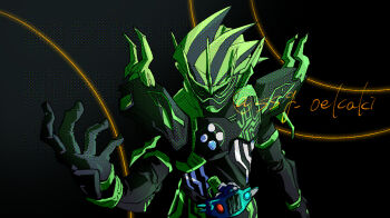 Rule 34 | 1boy, armor, belt, black bodysuit, bodysuit, buggle driver ii, cape, clock, gashat, green eyes, helmet, highres, horns, kamen rider, kamen rider chronicle, kamen rider cronus, kamen rider ex-aid (series), looking at viewer, male focus, rider belt, rider gashat, solo, ssg oekaki, standing, upper body