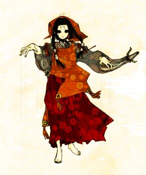 Rule 34 | 1girl, bad id, bad pixiv id, barefoot, dress, female focus, full body, highres, pixiv fantasia, pixiv fantasia 1, print dress, solo, string, surcoat, todoroki sora, todorokisora, traditional clothes