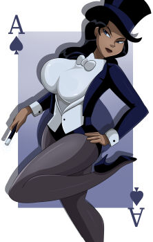 1girl absurdres ace_(playing_card) ace_of_spades black_hair black_hat black_leotard black_shoes blazer blue_eyes bow bowtie breasts card cleavage closed_mouth commentary_request dark-skinned_female dark_skin dc_comics dcau grey_pantyhose hand_on_own_hip hat high_heels highres holding holding_wand jacket justice_league knee_up large_breasts leotard lips long_hair long_sleeves looking_to_the_side magician open_clothes pantyhose playing_card red_lips shadow shirt shoes solo sonson-sensei spade_(shape) standing standing_on_one_leg superhero_costume tan top_hat wand western_comics_(style) white_bow white_bowtie white_shirt zatanna_zatara