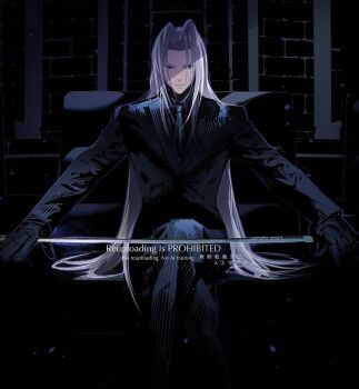 Rule 34 | 1boy, black gloves, black jacket, black necktie, black shirt, closed mouth, cofffee, collared shirt, crossed legs, final fantasy, final fantasy vii, formal clothes, gloves, grey hair, holding, holding sword, holding weapon, jacket, long bangs, long hair, looking at viewer, male focus, masamune (ff7), necktie, pants, parted bangs, pinstripe jacket, pinstripe pants, pinstripe pattern, pinstripe suit, sephiroth, shirt, sitting, solo, suit, sword, very long hair, weapon