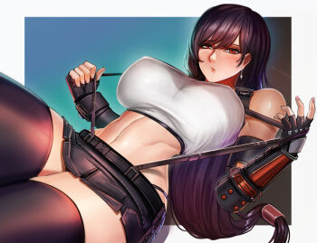 1girl artist_name badcompzero bare_shoulders black_background black_hair blue_background blush border breasts commentary covered_erect_nipples cowboy_shot earrings elbow_gloves english_commentary final_fantasy final_fantasy_vii final_fantasy_vii_remake fingerless_gloves gloves gradient_background highres jewelry large_breasts long_hair looking_at_viewer microskirt multicolored_background navel open_mouth panties red_eyes skirt solo square_enix suspender_skirt suspenders teeth thighhighs tifa_lockhart toned tongue underwear watermark white_border