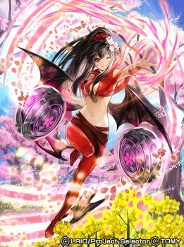1girl black_hair cherry_blossoms copyright_notice cropped_shirt demon_girl demon_wings long_hair looking_at_viewer low_wings moreshan official_art one_eye_closed outdoors pants ponytail red_eyes red_pants red_scrunchie red_shirt red_shoes scrunchie shirt shoes sidelocks smile solo tree wings wixoss yuzuki_(wixoss)