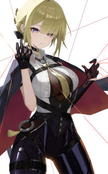 1girl absurdres black_gloves blonde_hair braid breasts chest_harness cleavage closed_mouth cowboy_shot elbow_gloves evelyn_chevalier gloves half_gloves harness highres holding holding_string large_breasts mole mole_under_eye necktie purple_eyes see-through_clothes sidelocks solo standing string yellow_necktie zenless_zone_zero zo_(nphm3333)