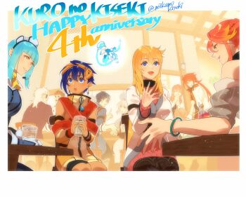 5boys 6+girls aaron_wei agnes_claudel anniversary apron bergard_zeman black_hair blue_hair closed_eyes cup double-parted_bangs earrings eiyuu_densetsu english_text eyepatch feri_al-fayed floating green_eyes hair_between_eyes hairband happy_anniversary highres hime_cut holding holding_cup indoors jewelry judith_lanster kuro_no_kiseki_(series) long_hair maid_headdress mare_(eiyuu_densetsu) mikamikiseki mother_and_daughter mullet multicolored_hair multiple_boys multiple_girls open_mouth paulette_(kuro_no_kiseki) pink_hair ponytail quatre_salision risette_twinings sideburns sidelocks single_earring sitting table twintails two-tone_hair van_arkride white_hair yellow_hairband yume_(kuro_no_kiseki)