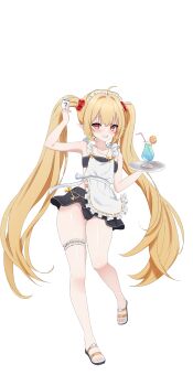 1girl absurdres ahoge apron artist_request bikini black_bikini black_skirt blonde_hair commission cross cross_necklace drink drinking_straw elf hair_bobbles hair_ornament highres jewelry latin_cross long_hair necklace original pointy_ears sandals second-party_source simple_background skirt smile swimsuit thigh_strap twintails twintails_elf_nun_(sugarnut) very_long_hair waitress white_background