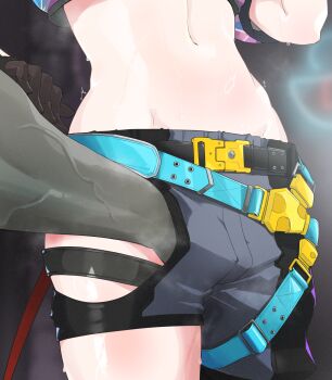 1boy 1girl asymmetrical_shorts belt black_belt black_shorts blue_belt close-up clothing_cutout cropped_jacket fingering fingering_through_clothes grey_shorts groin hakos_baelz hakos_baelz_(casual) hand_under_clothes hand_under_shorts highres hip_vent hololive hololive_english jacket mdthetest midriff multiple_belts navel official_alternate_costume puffy_short_sleeves puffy_sleeves short_sleeves shorts sweat thighs through_clothes trembling veins veiny_arms virtual_youtuber white_jacket