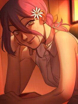 1girl chainsaw_man closed_mouth collared_shirt drugsandsocks flower green_eyes grenade_pin hair_between_eyes hair_bun hair_flower hair_ornament highres indoors purple_hair reze_(chainsaw_man) shirt sleeveless sleeveless_shirt solo white_flower white_shirt