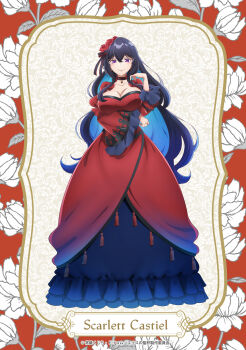 Rule 34 | 1girl, arm under breasts, black hair, breasts, cleavage, collarbone, dress, eris no seihai, hair ornament, large breasts, lipstick, long hair, looking at viewer, makeup, official art, purple eyes, red dress, scarlet castiel, smile, solo, stitched, third-party edit