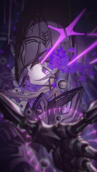 1girl alternate_form black_sclera chromatic_aberration closed_mouth colored_sclera flower grey_hair herta_(honkai:_star_rail) highres honkai:_star_rail honkai_(series) irontomb long_hair looking_at_viewer madyy outstretched_arm purple_eyes purple_flower sideways_glance skeleton solo the_herta_(honkai:_star_rail)