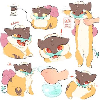 ! bottle bright_pupils cable commentary disembodied_hand gen_2_pokemon glowing glowing_eyes half-closed_eyes highres holding holding_bottle holding_pokemon legendary_pokemon longcat_(meme) looking_at_viewer meme nintendo no_humans plug pokemon pokemon_(creature) raikou red_eyes sparkle squiggle squirting_liquid teletelo tusks white_background white_pupils