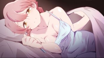 1girl apocalypse_hotel bare_shoulders bed bed_invitation bed_sheet blanket braid breasts brown_eyes cleavage come_hither holding holding_blanket lifting_covers lingerie looking_at_viewer lying medium_breasts negligee on_bed on_side pillow pink_hair pov_across_bed riri_(dgra3272) sleepwear smile solo twin_braids twintails under_covers underwear white_negligee yachiyo_(apocalypse_hotel)