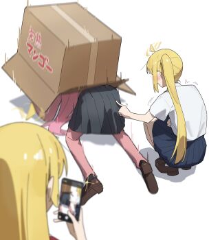 3girls absurdres ahoge ahoge_wag black_socks blonde_hair blue_skirt blurry blurry_foreground bocchi_the_rock! box brown_shoes collared_shirt commentary_request expressive_hair gotoh_hitori grey_skirt highres holding holding_phone ijichi_nijika ijichi_seika long_hair multiple_girls pants pants_under_skirt phone pink_hair pink_pants pleated_skirt recording seisyuntarotto shirt shoes short_sleeves side_ponytail simple_background skirt socks trembling white_background white_shirt