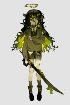 1boy black_boots black_eyes black_hair black_shorts black_socks boots bright_pupils chinese_commentary closed_mouth collared_shirt colored_inner_hair commentary_request curly_hair expressionless full_body green_eyes green_hair green_pupils grey_background grey_pupils grey_sweater hair_between_eyes halo heterochromia highres holding holding_sword holding_weapon long_bangs long_hair long_sleeves male_focus mismatched_pupils multicolored_hair original shirt short_shorts shorts simple_background sleeves_past_wrists socks solo sweat sweater sword two-tone_hair vihua6 weapon white_shirt