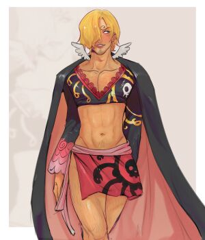 1boy abs absurdres black_cape blonde_hair blue_eyes blush boa_hancock boa_hancock_(cosplay) cape chest_hair collarbone cosplay cowboy_shot crop_top crossdressing crossdressing_(mtf) curly_eyebrows earrings enchannw facial_hair gay gay_male goatee_stubble groin hair_over_one_eye highres jewelry kuja_pirates_jolly_roger leg_hair male_focus midriff neck_wings one_piece sanji_(one_piece) short_hair skirt solo stomach_hair stubble two-sided_cape two-sided_fabric unlit_cigarette_in_mouth