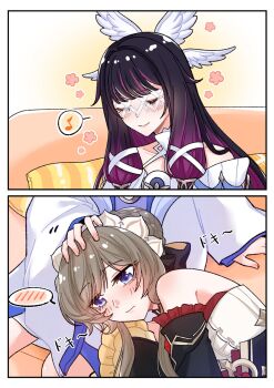 2girls bare_shoulders black_hair blue_eyes blush braid braided_bun brown_hair closed_eyes closed_mouth columbina_(genshin_impact) commentary_request couch dress genshin_impact hair_bun hand_on_another's_head highres lap_pillow momotomi000 multiple_girls musical_note on_couch purple_streaks sandrone_(genshin_impact) spoken_musical_note white_dress yuri