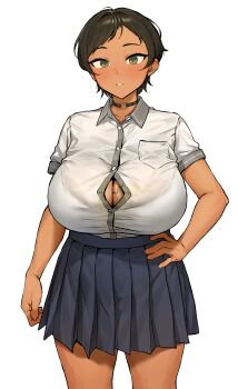 1girl bad_tag black_choker black_hair blue_skirt blush bra bra_visible_through_clothes breast_pocket breasts brown_hair bursting_breasts button_gap choker cleavage collared_shirt cowboy_shot dark-skinned_female dark_skin freckles green_eyes hand_on_own_hip heart heart_choker huge_breasts kono_(yuri_kotone_ero) large_breasts looking_at_viewer mole parted_lips pleated_skirt pocket school_uniform see-through_clothes shirt shirt_tucked_in short_hair short_sleeves simple_background skirt solo standing takenoko_no_you tan underwear white_background white_shirt