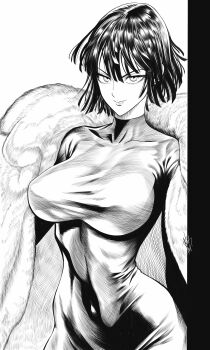 1girl absurdres breasts closed_mouth coat commentary dress english_commentary fubuki_(one-punch_man) fur_coat greyscale hair_between_eyes highres impossible_clothes impossible_dress large_breasts looking_at_viewer monochrome mostlybluewyatt one-punch_man open_clothes open_coat short_hair signature simple_background smile solo upper_body