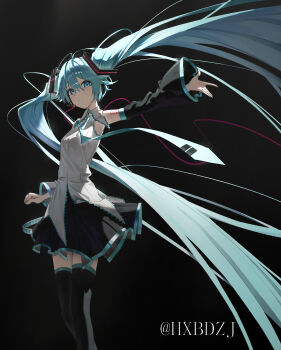 1girl absurdly_long_hair absurdres bare_shoulders black_skirt black_sleeves black_thighhighs blue_eyes blue_hair blue_necktie closed_mouth detached_sleeves hair_between_eyes hatsune_miku highres hxbdzj long_hair looking_at_viewer necktie number_tattoo shirt shoulder_tattoo sidelocks skirt smile solo tattoo thighhighs twintails very_long_hair vocaloid white_shirt zettai_ryouiki