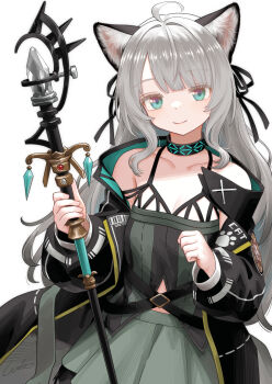Rule 34 | 1girl, absurdres, ahoge, animal ears, arknights, black jacket, black ribbon, breasts, cat ears, cat girl, closed mouth, collarbone, commentary request, cowboy shot, dress, green dress, grey hair, hair ribbon, highres, holding, holding staff, infection monitor (arknights), jacket, long hair, long sleeves, looking at viewer, mint (arknights), puffy long sleeves, puffy sleeves, ribbon, simple background, small breasts, smile, solo, staff, thick eyelashes, welt (kinsei koutenkyoku), white background