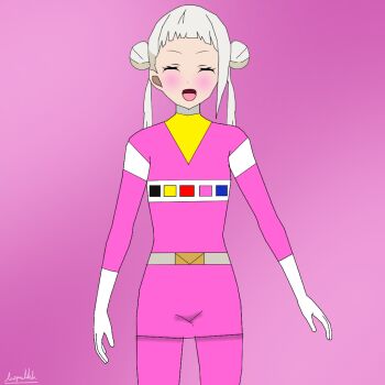 1girl arashi_chisato artist_name artist_request belt blush bodysuit breasts closed_eyes cosplay double_bun female_focus flat_chest gloves grey_belt hair_bun hair_tie leopauldelr long_hair long_sleeves looking_at_viewer love_live! love_live!_superstar!! mighty_morphin_pink_ranger parted_lips pink_background pink_bodysuit pink_ranger_(cosplay) power_rangers ptera_ranger small_breasts smile solo white_gloves white_hair