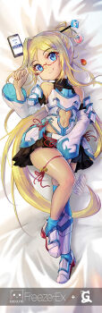 Rule 34 | 1girl, alternate costume, armor, armored boots, artificial vagina, artist name, bare shoulders, bed sheet, bell, between legs, black skirt, blonde hair, blue eyes, blue socks, blue thighhighs, boots, cellphone, closed mouth, clothing cutout, covered collarbone, dakimakura (medium), detached sleeves, faulds, female focus, flat chest, food, freeze-ex, from above, fruit, full body, gelbooru, gelbooru-tan, glasses, greaves, grey boots, hair bun, hair ornament, hair stick, hand between legs, hand up, happy, high heels, highres, jingle bell, logo, long hair, looking at viewer, lying, miniskirt, navel, navel cutout, on back, phone, pleated skirt, ponytail, red-framed eyewear, rope, semi-rimless eyewear, sex toy, shiny skin, sidelocks, single greave, single hair bun, single sock, single thighhigh, skindentation, skirt, smile, socks, solo, strawberry, tenga, thighhighs, thighs, very long hair, watermark, white background, white sleeves