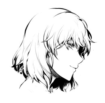 Rule 34 | 1girl, closed mouth, commentary, greyscale, kazami yuuka, looking at viewer, monochrome, portrait, sadahiro (chicken nugget gyuuniku aji), short hair, simple background, smile, solo, touhou