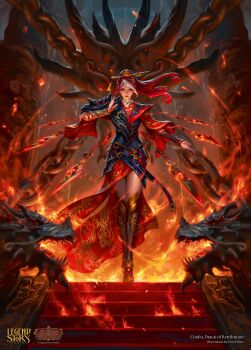 1girl artist_name chain character_name cindra_(flesh_and_blood) closed_mouth copyright_name dragon_statue flesh_and_blood floating floating_object floating_weapon full_body highres knife livia_prima multicolored_hair official_art red_eyes red_hair solo throwing_knife weapon white_hair