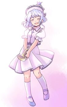 1girl :d blue_hair buttons closed_eyes commentary_request full_body hat holding holding_instrument instrument juliet_sleeves kneehighs long_sleeves looking_at_viewer merlin_prismriver one-hour_drawing_challenge open_mouth puffy_sleeves rangycrow short_hair simple_background skirt skirt_set smile socks solo standing touhou trumpet