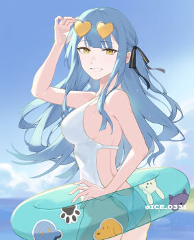 Rule 34 | 1girl, ave mujica (bang dream!), bang dream!, bang dream! it's mygo!!!!!, black ribbon, blue hair, breasts, commentary, hair ribbon, haizou bingsan, heart, heart-shaped eyewear, highres, indoors, innertube, large breasts, long hair, looking at viewer, misumi uika, one-piece swimsuit, open mouth, ribbon, sidelocks, solo, swim ring, swimsuit, symbolism, togawa sakiko, untranslatable commentary, wakaba mutsumi, white one-piece swimsuit, yahata umiri, yuutenji nyamu