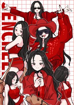 1girl blackpink brown_eyes commentary highres holding holding_microphone jacket jennie_(blackpink) k-pop long_hair looking_at_viewer microphone mole multiple_views outstretched_arms real_life red_jacket red_nails red_shirt red_shorts samarundao shirt shorts smile sunglasses