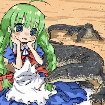 1girl ahoge apron blue_dress blue_eyes blush bow bowtie braid bubbacterial dress green_hair hair_bow hands_on_own_face highres komodo_dragon long_hair maid me-tan open_mouth os-tan puffy_short_sleeves puffy_sleeves red_bow red_bowtie short_sleeves sidelocks sitting solo sweat twin_braids very_long_hair white_apron