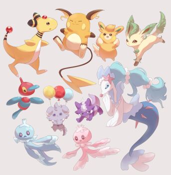 :3 ampharos balloon blue_eyes blue_hair brown_eyes closed_eyes colored_skin commentary_request espurr forehead_jewel frillish frillish_(female) frillish_(male) gen_1_pokemon gen_2_pokemon gen_4_pokemon gen_5_pokemon gen_6_pokemon gen_7_pokemon gen_8_pokemon grey_background grey_fur highres leafeon long_hair multi-tied_hair nintendo no_humans orange_fur pawmi pokemon pokemon_(creature) porygon-z primarina purple_eyes raichu sea_lion simple_background snout suimin_ap_(aroniumu) tail toxel walking white_skin yellow_skin