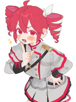 1girl :d ahoge blush bow buttons colored_eyelashes cowboy_shot double-parted_bangs drill_hair finger_to_own_chin from_above grey_jacket grey_skirt hair_between_eyes hair_bow hand_on_own_hip hand_up hashtag-only_commentary highres index_finger_raised jacket kasane_teto kasane_teto_(sv) layered_sleeves leaning_forward long_sleeves looking_at_viewer lower_teeth_only miniskirt musical_staff musical_staff_print ofo_j1 open_mouth petticoat pleated_skirt red_eyes red_hair red_trim short_hair short_over_long_sleeves short_sleeves shoulder_belt shoulder_boards simple_background skirt sleeve_cuffs smile solo sparkle standing synthesizer_v teeth tongue turtleneck turtleneck_jacket twin_drills utau v-shaped_eyebrows white_background white_bow