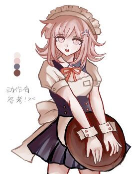 Rule 34 | :o, apron, black dress, blush, bow, breasts, brown hair, collared dress, commentary, cowboy shot, danganronpa (series), danganronpa 2: goodbye despair, dress, flipped hair, highres, holding, holding tray, large bow, large breasts, maid, maid headdress, medium hair, mole, mole on breast, nanami chiaki, neck ribbon, okiedokie 1, orange ribbon, pink eyes, puffy short sleeves, puffy sleeves, ribbon, short sleeves, teeth, tray, upper teeth only, waist apron, white apron, white background