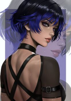 1girl black_hair border breasts commentary from_behind highres kittymiya multicolored_hair purple_background purple_eyes purple_hair reina_(tekken) solo_focus sweat tekken tekken_8 two-tone_hair upper_body white_border zoom_layer