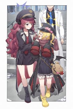 1boy 2girls :d ^_^ absurdres adjusting_another's_clothes adjusting_scarf animal_bag ankle_boots armband bag bear_bag black_boots black_coat black_hat black_ribbon black_shirt black_skirt black_tail black_wings blonde_hair bloomers blue_archive blue_necktie boots border bow breath brown_scarf brown_shoes closed_eyes closed_mouth coat collared_shirt crime_prevention_buzzer demon_girl demon_tail demon_wings dress eyes_out_of_frame fluffy_hair full_body grey_eyes hair_ribbon halo hat hat_bow head_out_of_frame highres ibuki_(blue_archive) id_card iroha_(blue_archive) lace-up_boots lanyard long_hair long_sleeves loose_necktie low_wings medal military_hat multiple_girls necktie open_mouth outdoors outside_border pants peaked_cap pinafore_dress pink_bow pointy_ears purple_halo red_armband red_hair red_necktie ribbon rubber_boots scarf sensei_(blue_archive) shirt shoes shoulder_bag side_ponytail skirt sleeveless sleeveless_dress sleeves_past_fingers sleeves_past_wrists smile snow stairs tail underwear white_bloomers white_border white_coat white_pants wings winter yellow_boots yellow_halo yukie_(kusaka_shi)