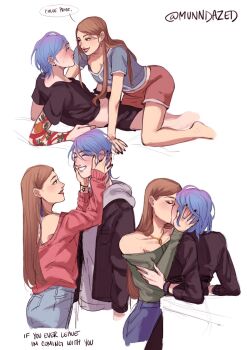 2girls all_fours arm_tattoo bad_id bad_twitter_id black_nails black_shirt blue_hair bracelet brown_hair chloe_price clenched_teeth earrings english_text eyeshadow fingernails gradient_hair green_shirt hands_on_another's_face highres hood hoodie jacket_over_hoodie jewelry kiss life_is_strange:_before_the_storm life_is_strange_(series) lipstick long_hair long_sleeves looking_at_another makeup missing_commentary multicolored_hair multiple_girls multiple_views munndazed nail_polish necklace off_shoulder open_mouth rachel_amber shirt short_sleeves shorts simple_background smile star_(symbol) star_tattoo tattoo teeth twitter_username two-tone_hair white_background yuri