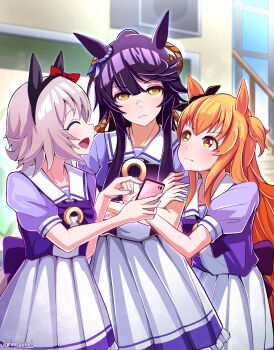 Rule 34 | 3girls, animal ears, bandaid, bandaid on face, bandaid on nose, black hair, black hairband, blush, bow, bowtie, breasts, cellphone, closed eyes, closed mouth, commentary request, curren chan (umamusume), ear bow, ear covers, grey hair, hair between eyes, hairband, highres, holding, holding another's arm, holding phone, horse ears, horse girl, horse tail, long hair, mayano top gun (umamusume), multiple girls, narita brian (umamusume), open mouth, orange eyes, orange hair, phone, pleated skirt, ponytail, puffy short sleeves, puffy sleeves, purple bow, purple bowtie, purple shirt, red bow, sailor collar, sailor shirt, school uniform, shirt, short hair, short sleeves, skirt, smartphone, smile, tail, torinosukei, tracen school uniform, two side up, umamusume, white sailor collar, white skirt, yellow eyes