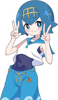 1girl absurdres blue_eyes blue_hair blue_one-piece_swimsuit blue_pants blue_sailor_collar blush capri_pants closed_mouth commentary_request covered_navel double_v hairband highres jburtenmm26 lana_(pokemon) looking_at_viewer nintendo one-piece_swimsuit pants pokemon pokemon_sun_and_moon sailor_collar shirt short_hair simple_background sleeveless smile swimsuit swimsuit_under_clothes v white_background yellow_hairband