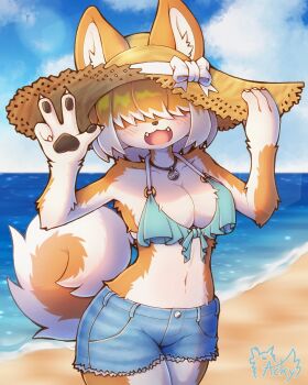 1girl absurdres acky animal_ears animal_nose beach bikini bikini_top_only blonde_hair blue_shorts body_fur bow breasts brown_fur claws cleavage cowboy_shot cutoffs day denim denim_shorts dog_ears dog_girl dog_tail ears_through_headwear fangs fewer_digits furry furry_female hair_over_eyes halterneck hat hat_bow highres jewelry multicolored_fur multicolored_hair navel necklace ocean open_mouth original outdoors pawpads shorts signature solo straw_hat swimsuit tail two-tone_hair water white_bow white_fur white_hair