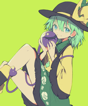 Rule 34 | 1girl, boots, closed mouth, commentary request, green background, green eyes, green hair, green skirt, hair between eyes, hat, highres, ichizen (o tori), komeiji koishi, long sleeves, looking at viewer, medium hair, one-hour drawing challenge, shirt, skirt, smile, solo, thighhighs, third eye, touhou, yellow shirt